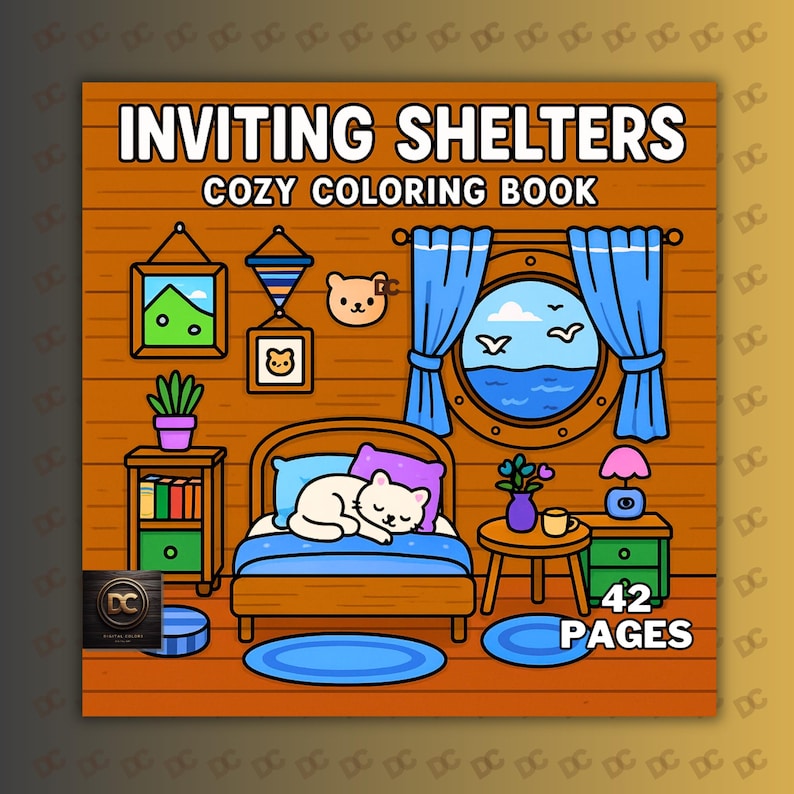 May include: A square coloring book cover with the title "INVITING SHELTERS COZY COLORING BOOK". The illustration depicts a cozy room with a bed, a porthole window, and various decorative elements. The book contains 42 pages.