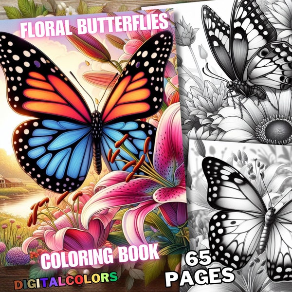65, butterfly coloring pages, floral, flower, butterflies, floral coloring pages, coloring book quality grayscale designs for adults & kids