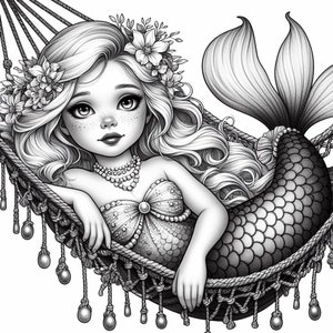 May include: A black and white illustration of a mermaid with long flowing hair, wearing a seashell bra and a pearl necklace, relaxing in a hammock.