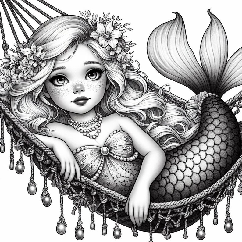 May include: A black and white illustration of a mermaid with long flowing hair, wearing a seashell bra and a pearl necklace, relaxing in a hammock.