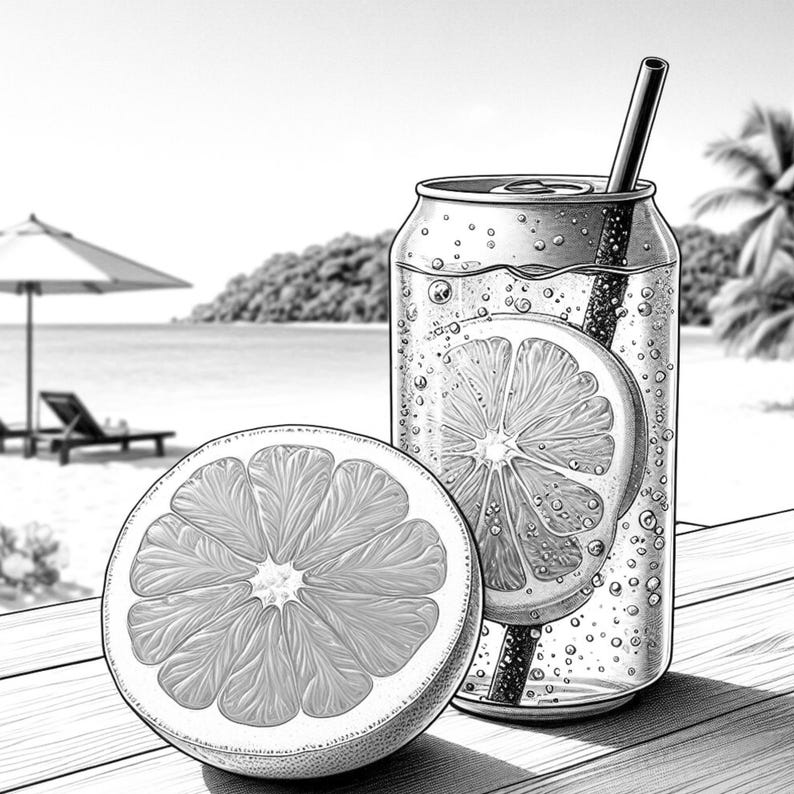 May include: Black and white illustration of a refreshing drink in a can with a straw, a slice of citrus fruit inside, and a half citrus fruit next to it. The background shows a beach scene with an umbrella and lounge chairs.
