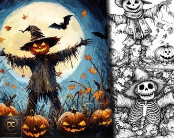 45 Halloween Scarecrow Coloring Pages, Halloween Coloring Book, Autumn, Fall, Creepy, Spooky, Grayscale for Adults and Kids Print Pdf