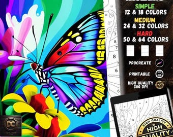 Colorir por números, páginas para colorir digitais, pintar por números, livro para colorir Procreate, livro para colorir para adultos, Butterfly Bliss PDF para impressão
