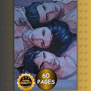 Puede incluir: Una portada de libro con una ilustración estilizada de tres personas con cabello oscuro y piel en tonos azules. Los individuos están colocados muy juntos en una disposición vertical. Una insignia dorada abajo dice 60 PAGES.