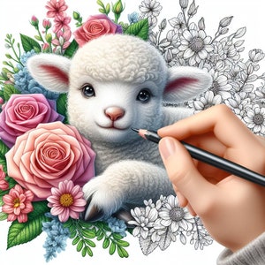 May include: A white lamb with a fluffy coat is surrounded by pink, white, and blue flowers. A hand is holding a black pencil, drawing on the flowers in the background.