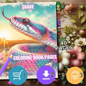 May include: A digital coloring book cover featuring a colorful snake with pink, blue, and purple scales. The cover reads "SNAKE" and "COLORING BOOK/PAGES". The image also includes the text "DIGITAL COLORS" and "40 PAGES".
