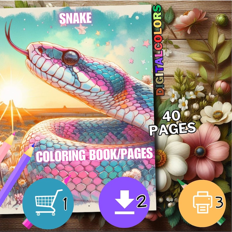 May include: A digital coloring book cover featuring a colorful snake with pink, blue, and purple scales. The cover reads "SNAKE" and "COLORING BOOK/PAGES". The image also includes the text "DIGITAL COLORS" and "40 PAGES".