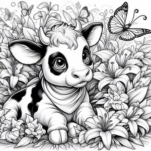 Puede incluir: Ilustraci&oacute;n en blanco y negro de un ternero con ojos grandes, con un pa&ntilde;uelo, rodeado de flores y mariposas. El ternero tiene manchas negras y est&aacute; tumbado en un campo de lirios y vegetaci&oacute;n.