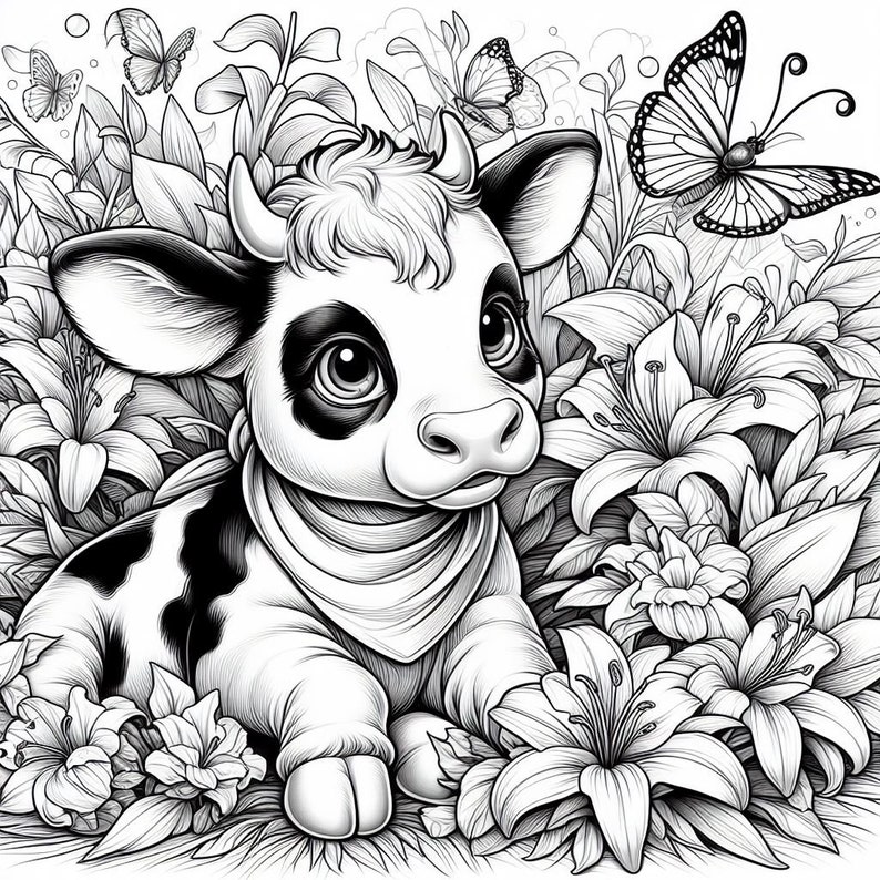 Puede incluir: Ilustraci&oacute;n en blanco y negro de un ternero con ojos grandes, con un pa&ntilde;uelo, rodeado de flores y mariposas. El ternero tiene manchas negras y est&aacute; tumbado en un campo de lirios y vegetaci&oacute;n.