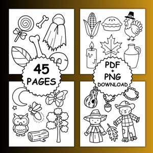May include: Black and white line art illustrations of various objects, including a lollipop, bone, ghost, corn, pie, turkey, candle, leaf, and scarecrows. The text "45 PAGES" and "PDF + PNG DOWNLOAD" are also included.