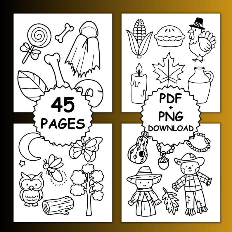 May include: Black and white line art illustrations of various objects, including a lollipop, bone, ghost, corn, pie, turkey, candle, leaf, and scarecrows. The text "45 PAGES" and "PDF + PNG DOWNLOAD" are also included.