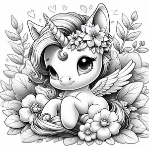 May include: A black and white illustration of a cute unicorn with a flower crown, wings, and a horn. The unicorn is sitting in a field of flowers.