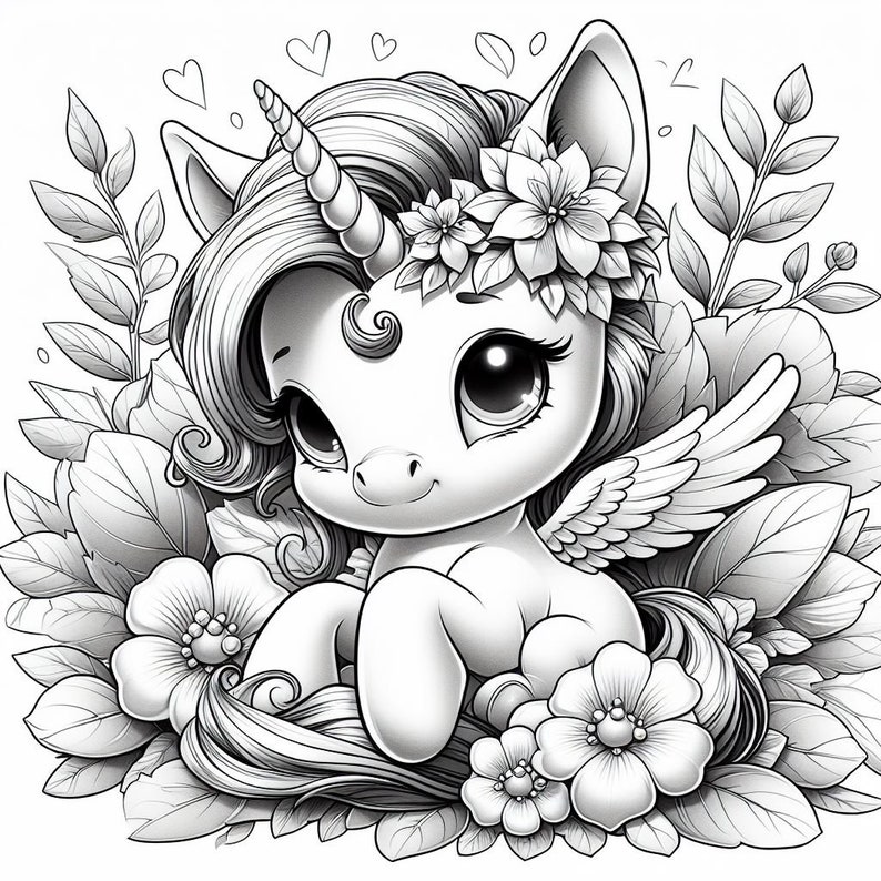 May include: A black and white illustration of a cute unicorn with a flower crown, wings, and a horn. The unicorn is sitting in a field of flowers.