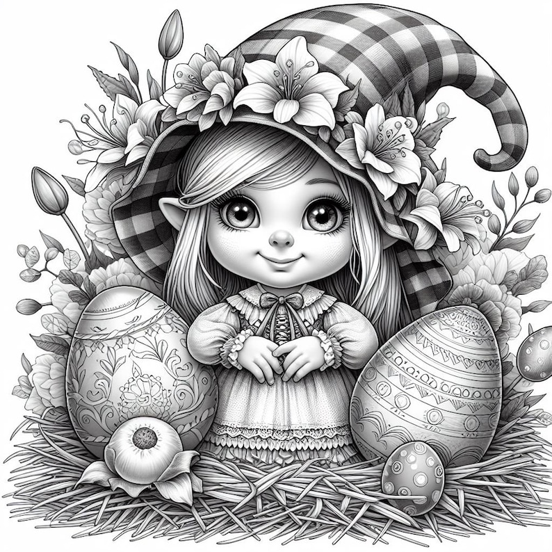 43 Easter Gnome Coloring Pages, Floral Easter Gnomes Coloring Book