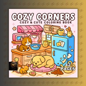 Puede incluir: Un libro para colorear titulado "COZY CORNERS" con el subtítulo "COZY & CUTE COLORING BOOK". La portada presenta una escena de cocina de dibujos animados con un gato, un perro y un ratón. También se muestra un refrigerador, un microondas y otros artículos de cocina. El libro tiene 42 páginas.