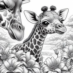 May include: A black and white illustration of a mother giraffe and her baby giraffe standing in a field of flowers. The mother giraffe is looking at the viewer, while the baby giraffe is looking to the right. The flowers are in bloom and there is a river in the background.