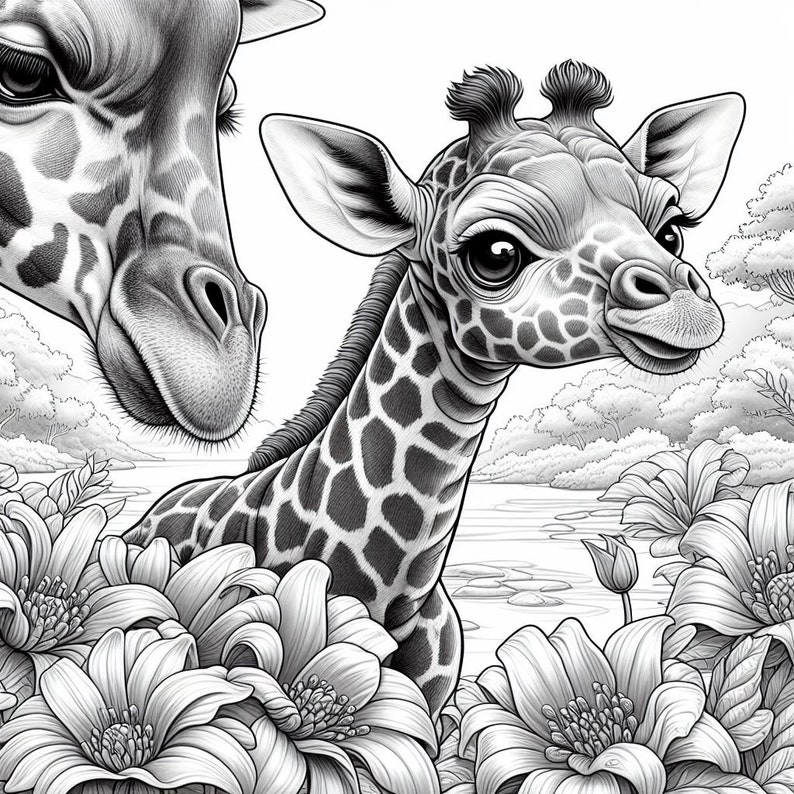 May include: A black and white illustration of a mother giraffe and her baby giraffe standing in a field of flowers. The mother giraffe is looking at the viewer, while the baby giraffe is looking to the right. The flowers are in bloom and there is a river in the background.