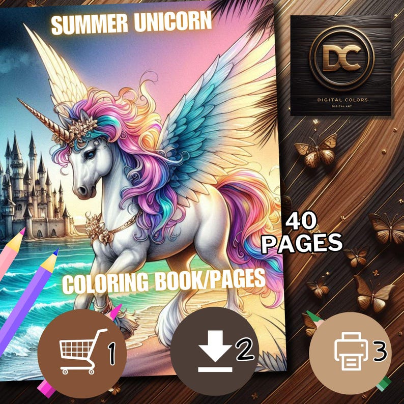 40 Summer Unicorn Coloring Pages, Unicorn Coloring Book, Enchanted & Magical Unicorns Fantasy Grayscale Coloring Adult Kids Printable Pdf image 10