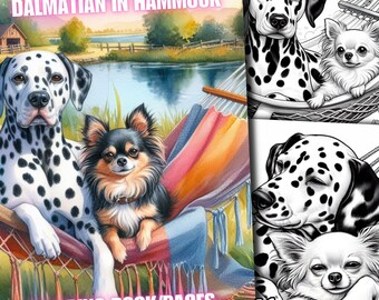 41 Cane Chihuahua e dalmata su un'amaca, Cani Chihuahua e dalmata su un'amaca Libro da colorare, Pagine da colorare per bambini adulti stampabili