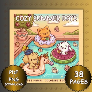 以下が含まれることがあります： COZY SUMMER DAYSというタイトルの塗り絵の表紙。ドーナツ型の浮き輪に乗った猫、セーラー帽をかぶってユニコーンの浮き輪に乗った犬、スイカ型の浮き輪に乗った斑点のある犬が、蝶や鉢植えのあるプールで遊んでいるイラストが描かれています。