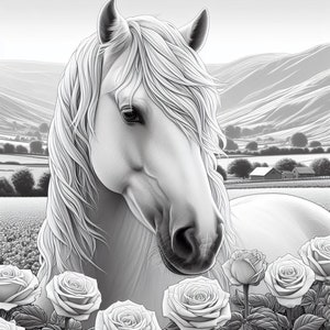 May include: A black and white illustration of a white horse with a long mane and a gentle expression. The horse is surrounded by roses in bloom.