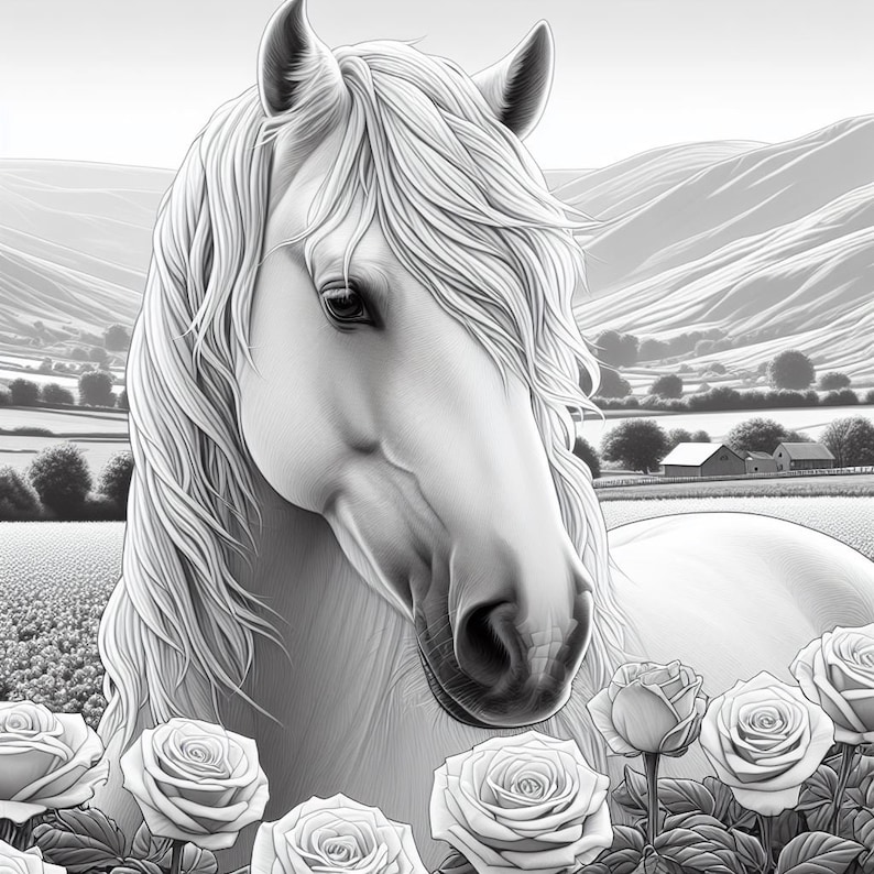 May include: A black and white illustration of a white horse with a long mane and a gentle expression. The horse is surrounded by roses in bloom.