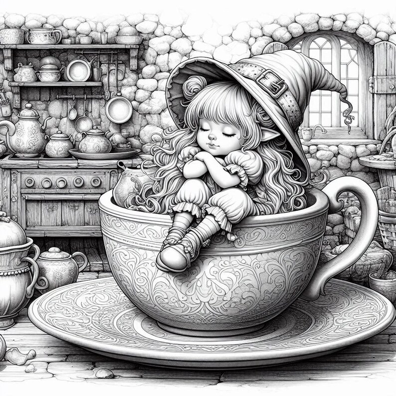 75 Gnome Coloring Book, Gnome Coloring Pages, Gnome in Tea Cup, Elves