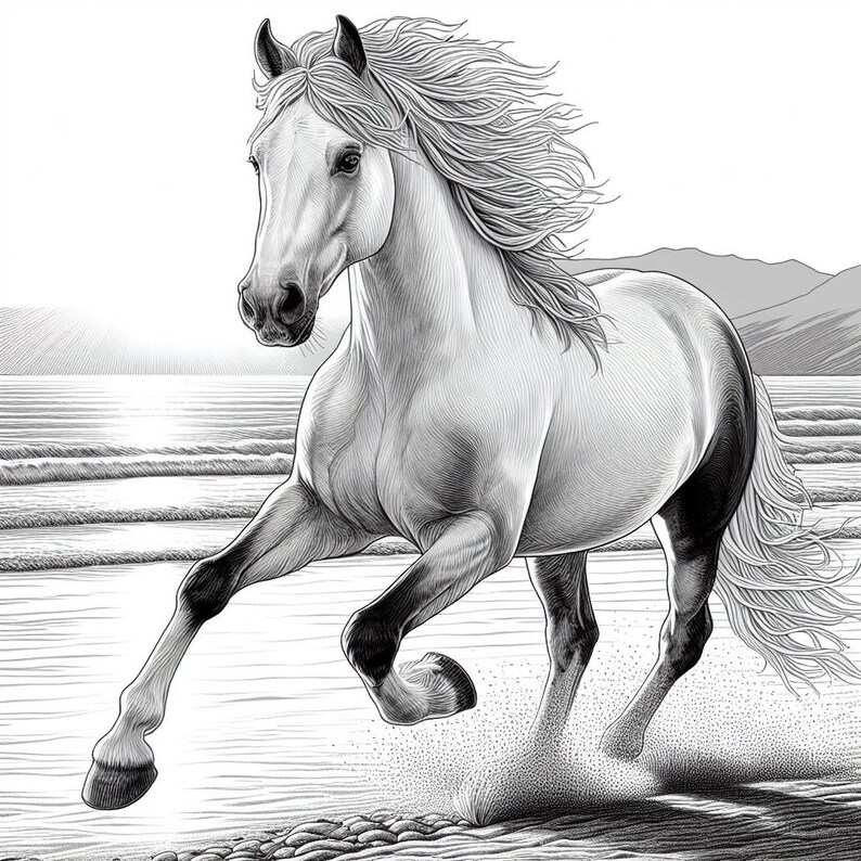 May include: A black and white drawing of a white horse running on a beach. The horse has a long flowing mane and tail. The waves are crashing in the background.