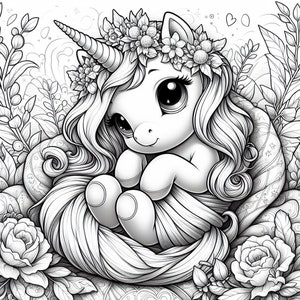 May include: A black and white line drawing of a unicorn with a flower crown, curled up in a nest of flowers and leaves.