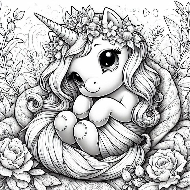 May include: A black and white line drawing of a unicorn with a flower crown, curled up in a nest of flowers and leaves.