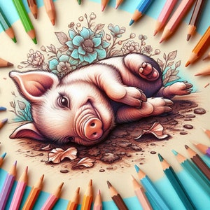 May include: A detailed pencil drawing of a pink piglet curled up on a bed of brown dirt. The piglet is surrounded by green and blue flowers. The drawing is surrounded by colored pencils.