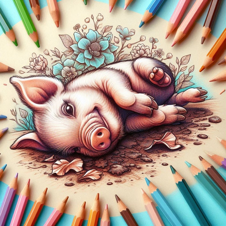 May include: A detailed pencil drawing of a pink piglet curled up on a bed of brown dirt. The piglet is surrounded by green and blue flowers. The drawing is surrounded by colored pencils.