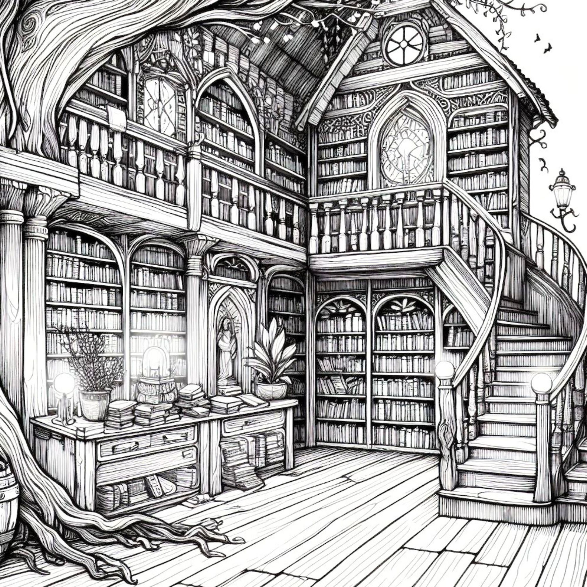 100 Enchanted Library Coloring Pages, Haunted Library Coloring Book ...