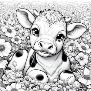 Puede incluir: Ilustraci&oacute;n en blanco y negro de un ternero lindo acostado en un campo de flores. El ternero tiene ojos grandes y manchas negras. Las flores est&aacute;n detalladas con muchos p&eacute;talos.
