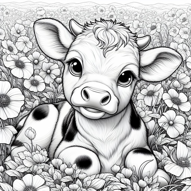 Puede incluir: Ilustraci&oacute;n en blanco y negro de un ternero lindo acostado en un campo de flores. El ternero tiene ojos grandes y manchas negras. Las flores est&aacute;n detalladas con muchos p&eacute;talos.