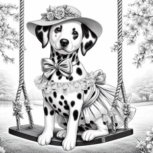 May include: A black and white Dalmatian dog wearing a white dress with lace trim and a pink bow. The dog is sitting on a wooden swing set with a floral design on the back of the swing.