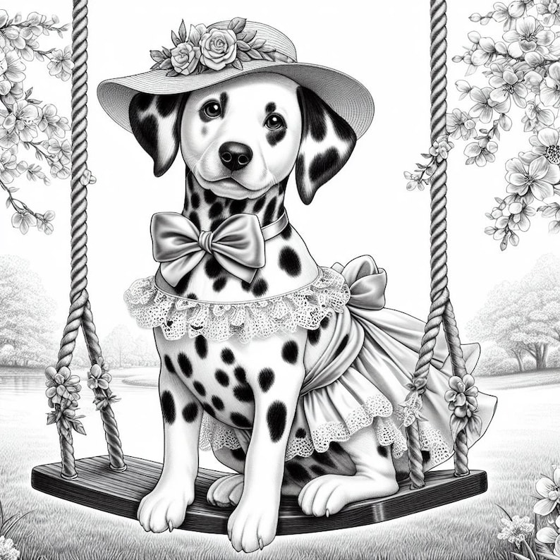 May include: A black and white Dalmatian dog wearing a white dress with lace trim and a pink bow. The dog is sitting on a wooden swing set with a floral design on the back of the swing.