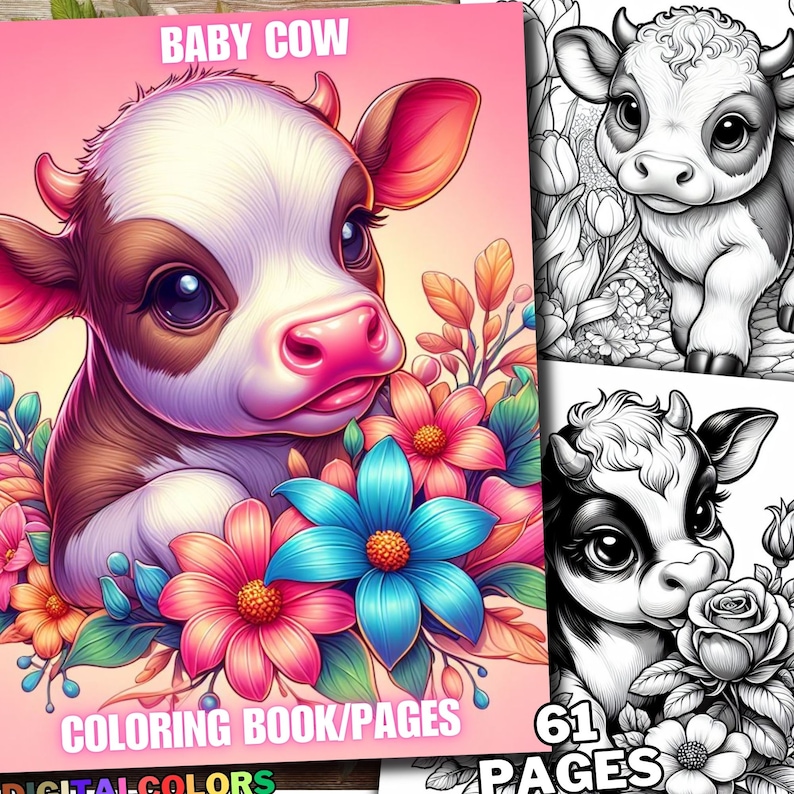 Puede incluir: Una portada de libro para colorear con una vaca beb&eacute; de dibujos animados con una nariz rosa y ojos grandes, rodeada de flores coloridas. El texto "BABY COW" est&aacute; en la parte superior y "COLORING BOOK/PAGES" en la inferior. La imagen incluye 61 p&aacute;ginas.