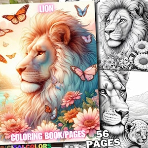 May include: A coloring book featuring a lion with a colorful mane surrounded by butterflies and flowers. The cover also includes the text "LION" and "COLORING BOOK/PAGES".