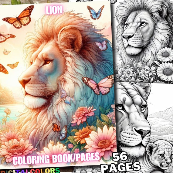 56 Lion Coloring Pages, Spring Animal Coloring Book, Grayscale Digital Download Printable Pdf for Adults and Kids