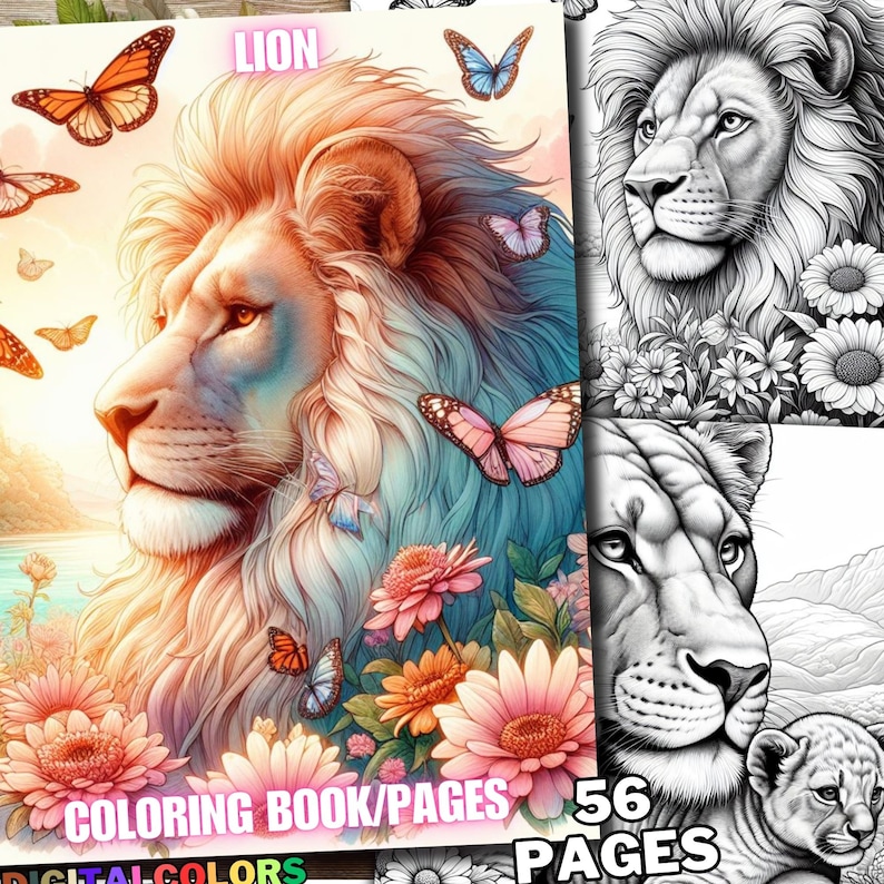 May include: A coloring book featuring a lion with a colorful mane surrounded by butterflies and flowers. The cover also includes the text "LION" and "COLORING BOOK/PAGES".