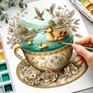 May include: Watercolor painting of a teacup with a duck pond scene. The teacup is decorated with gold trim and floral patterns. Ducks swim in the teal water, and ducks fly above. A hand holds a paintbrush, adding details to the artwork.
