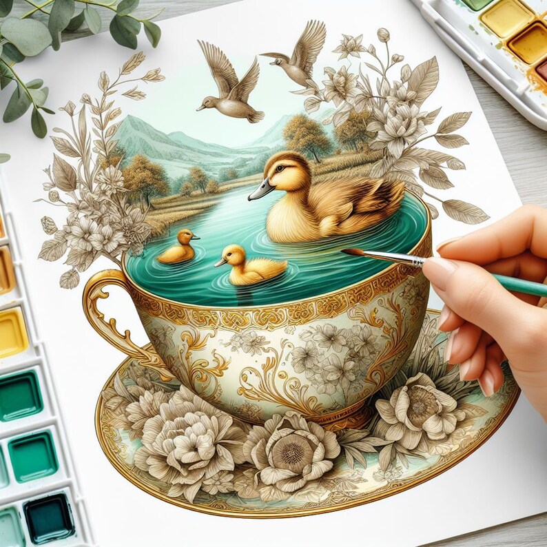 May include: Watercolor painting of a teacup with a duck pond scene. The teacup is decorated with gold trim and floral patterns. Ducks swim in the teal water, and ducks fly above. A hand holds a paintbrush, adding details to the artwork.
