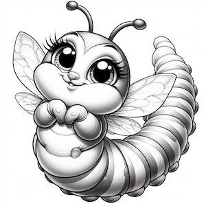 May include: A black and white illustration of a cute cartoon bee with large eyes and a curled tail. The bee has wings and a striped body.