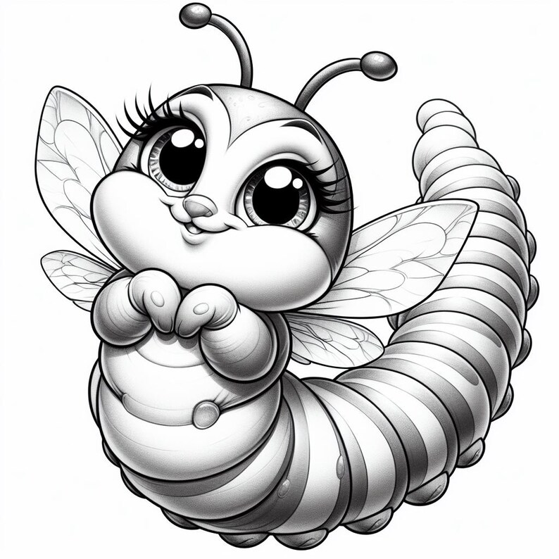 May include: A black and white illustration of a cute cartoon bee with large eyes and a curled tail. The bee has wings and a striped body.