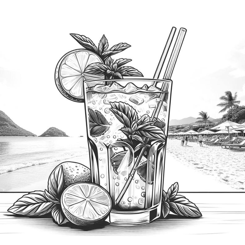 May include: Black and white illustration of a refreshing cocktail in a tall glass, garnished with a lime slice and mint leaves. The drink is filled with ice and a straw. The background shows a beach scene with palm trees and the ocean.