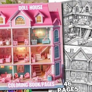 46 Doll House Coloring Pages Dolls Home Printable Fantasy Coloring Book Grayscale Isometric Houses Interior Room for Adults & Kids Download