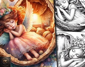49 páginas para colorir de Angel Girl in a Nut, livro para colorir de anjo, coloração de anjos de fantasia em escala de cinza, para adultos e crianças Baixar PDF para impressão