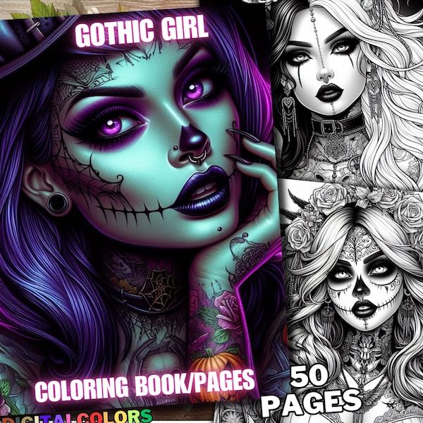 50 Gothic Girl Coloring Spooky Beauties Printable Goth Woman Creepy Women Coloring Pages Horror Grayscale Girls Coloring Book Adults & Kids