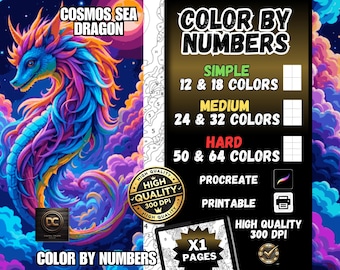 Dragão Marinho Cosmos – Colorir por Números para iPad e Adultos | Página para Procreate para pintar por números + PDF para impressão PNG SVG | Coloração digital